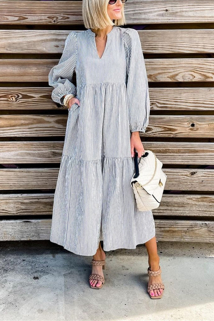 Fashion Casual Striped V Neck Long Dresses