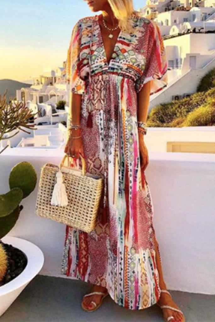 Casual Vacation Print Frenulum Printing V Neck Printed Dresses