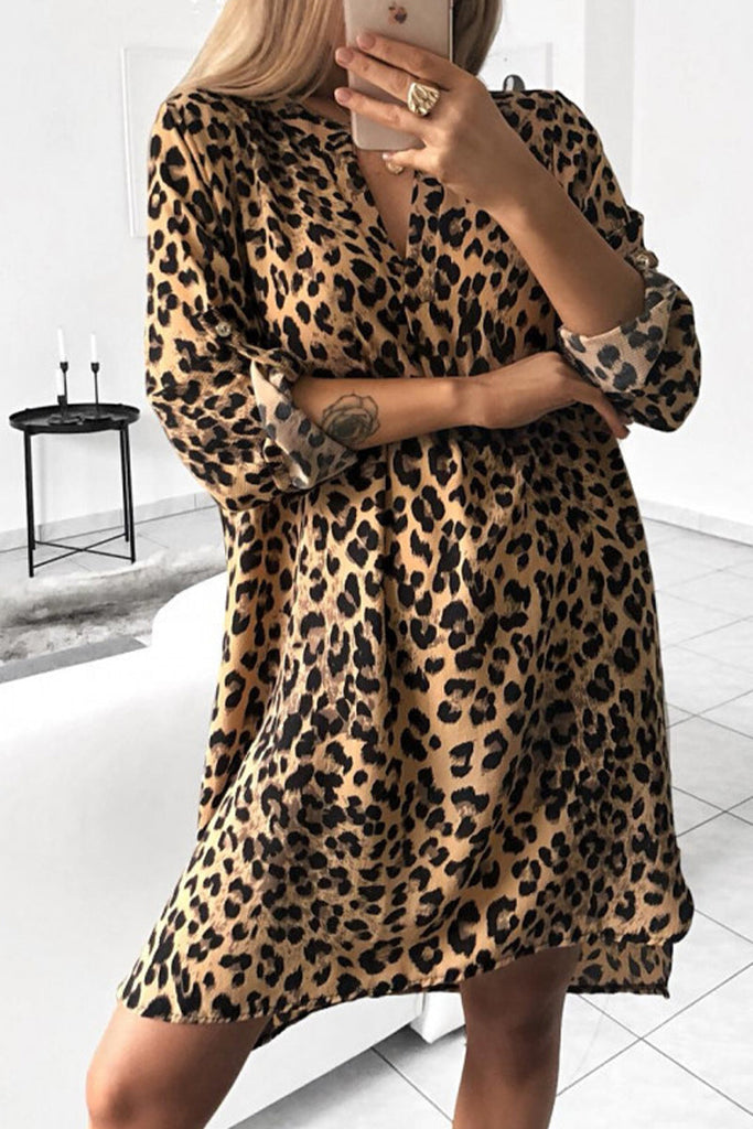 Elegant Animal Print Print Without Belt Printing V Neck Irregular Dresses