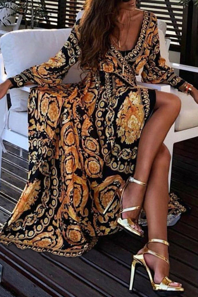 Bohemian Print Patchwork With Belt V Neck Printed Dresses