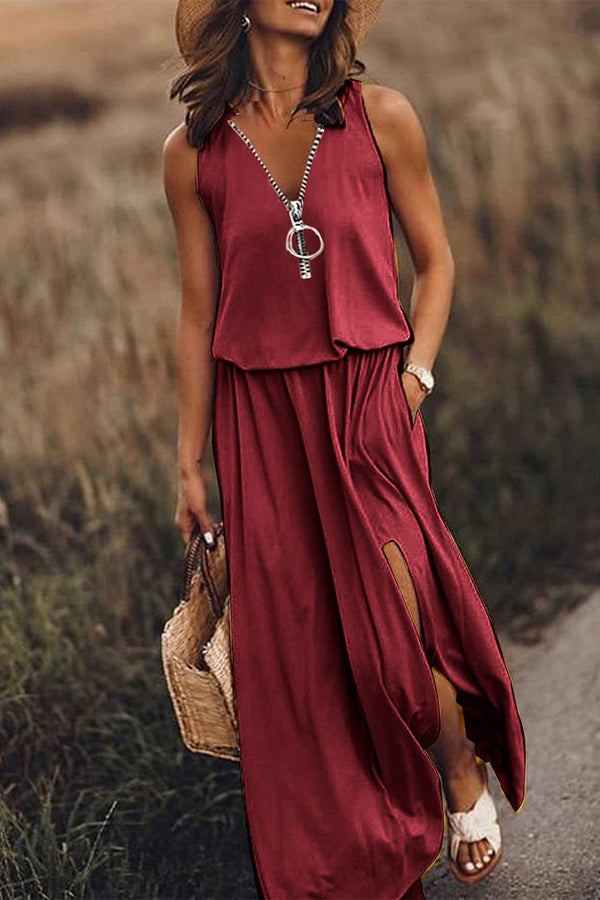 Casual Solid Slit Zipper V Neck Vest Dresses