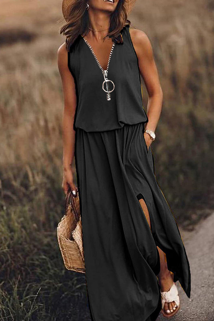 Casual Solid Slit Zipper V Neck Vest Dresses