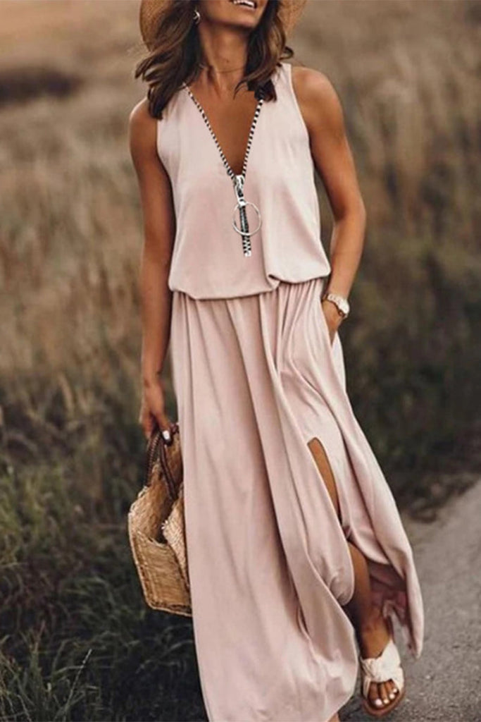 Casual Solid Slit Zipper V Neck Vest Dresses