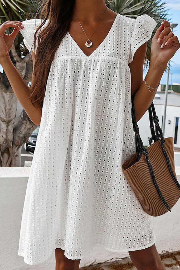 Sweet Cute Solid Lace Hollowed Out V Neck Beach Dresses