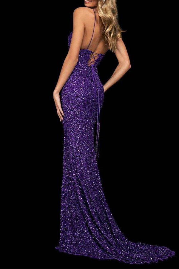 Sexy Formal Solid Sequins Backless Slit V Neck Evening Dresses