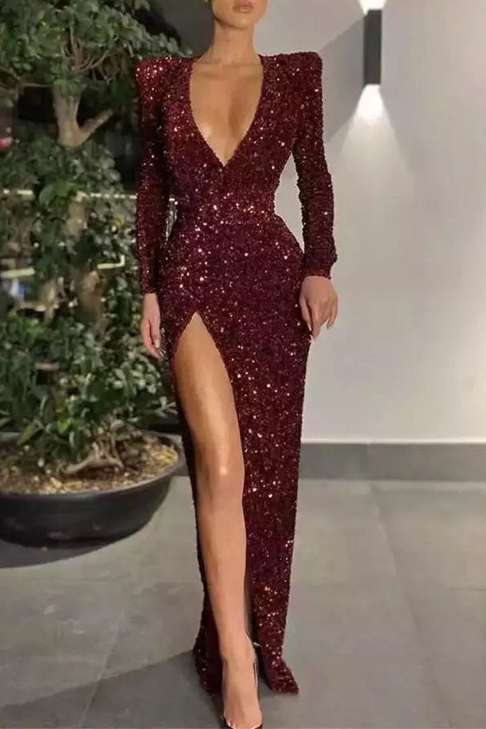 Sexy Formal Solid Sequined V Neck Evening Dresses