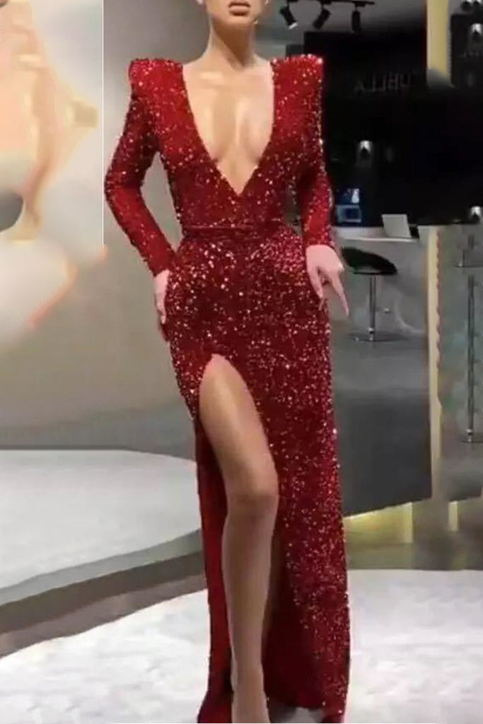 Sexy Formal Solid Sequined V Neck Evening Dresses