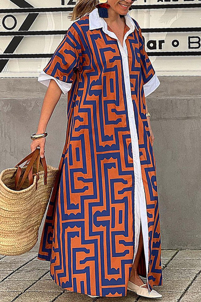 Casual Geometric Printing Turndown Collar Shirt Dresses