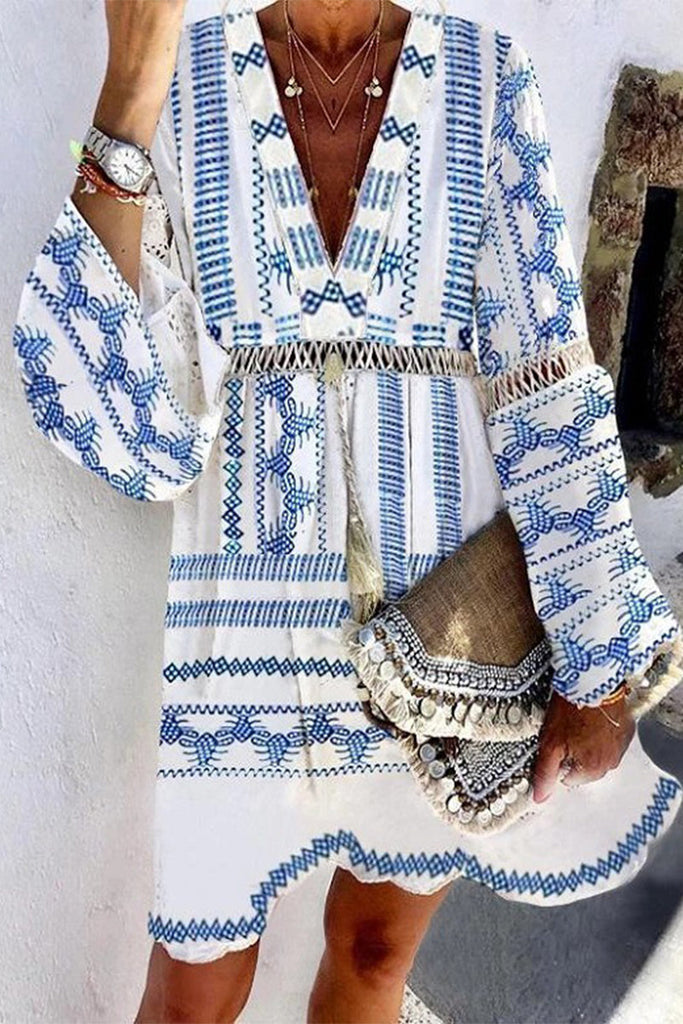 Bohemian Print Tassel V Neck Printed Dresses