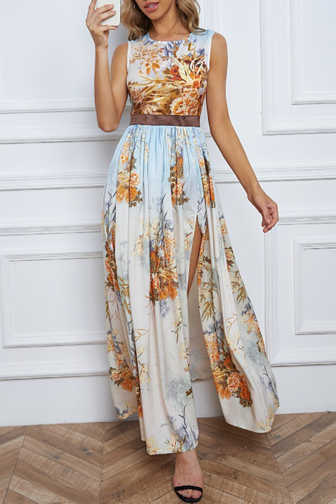 Vintage Elegant Print Slit O Neck Printed Dresses