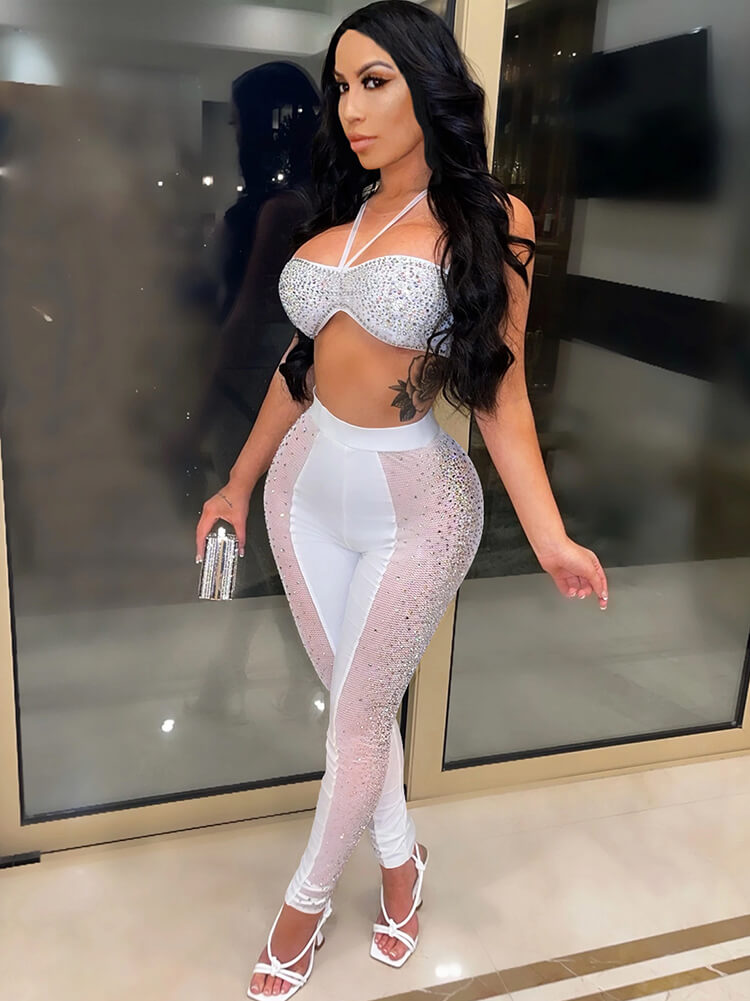 Two Piece Rhinestone Halter Top & Mesh Pants