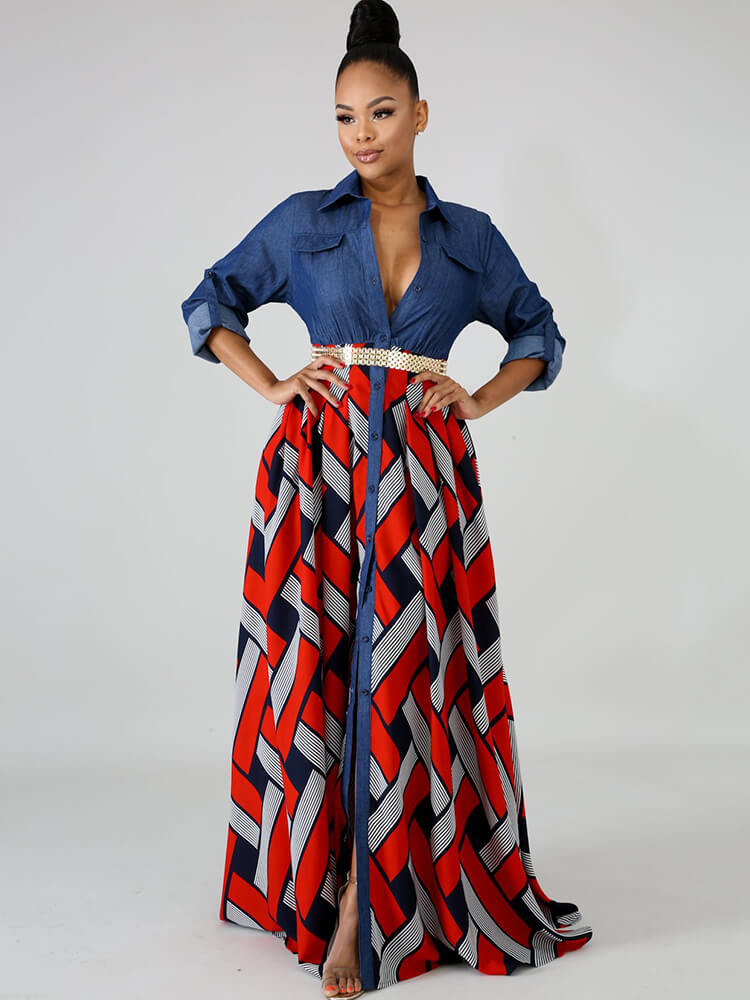 Denim Long Sleeve Plaid Patchwork Maxi Dresses