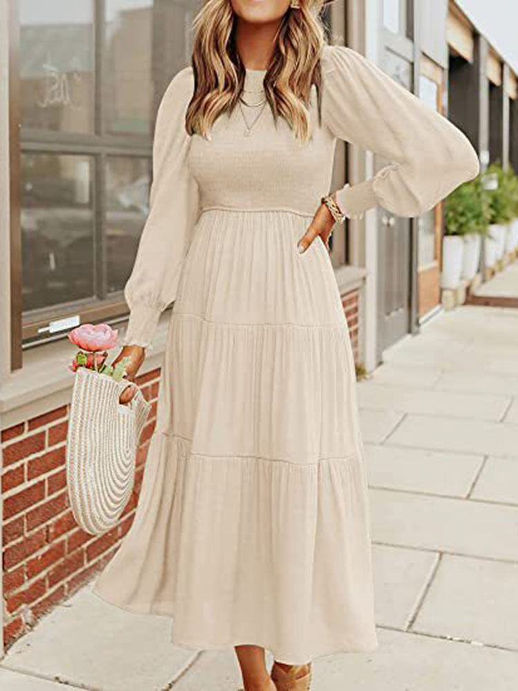 Long Sleeve Tiered Crew Neck Midi Dresses