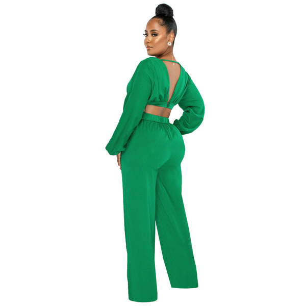 Two Piece V Neck Crop Top & Wide Leg Pants