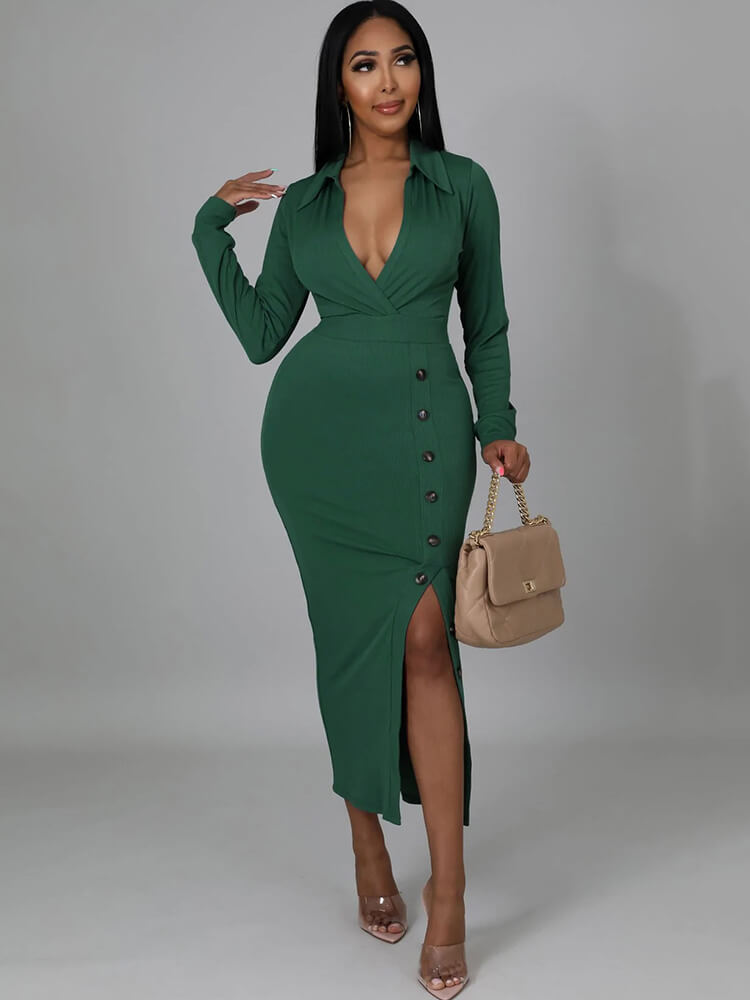 Long Sleeve V Neck Split Midi Dresses