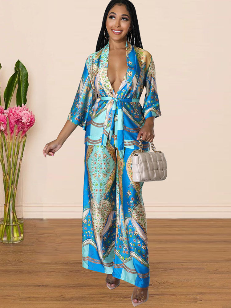 Two Piece Silk Print Pant Suits