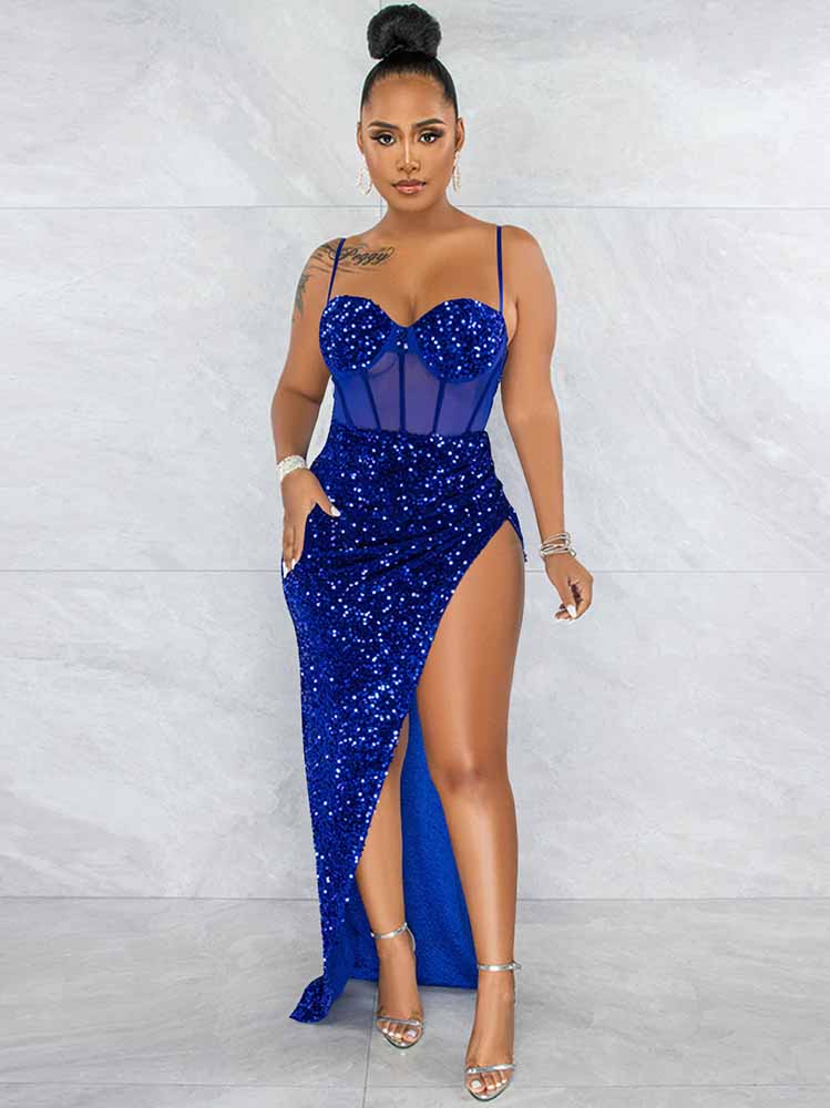 Spaghetti Strap Sequin Split Maxi Dressses