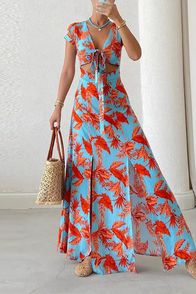 Elegant Floral Frenulum Slit V Neck Printed Dresses