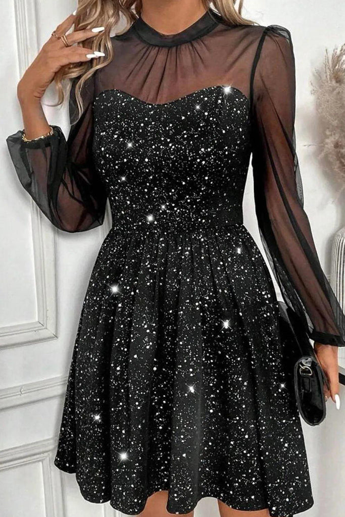 Sweet Solid Sequins Patchwork Mesh O Neck A Line Dresses