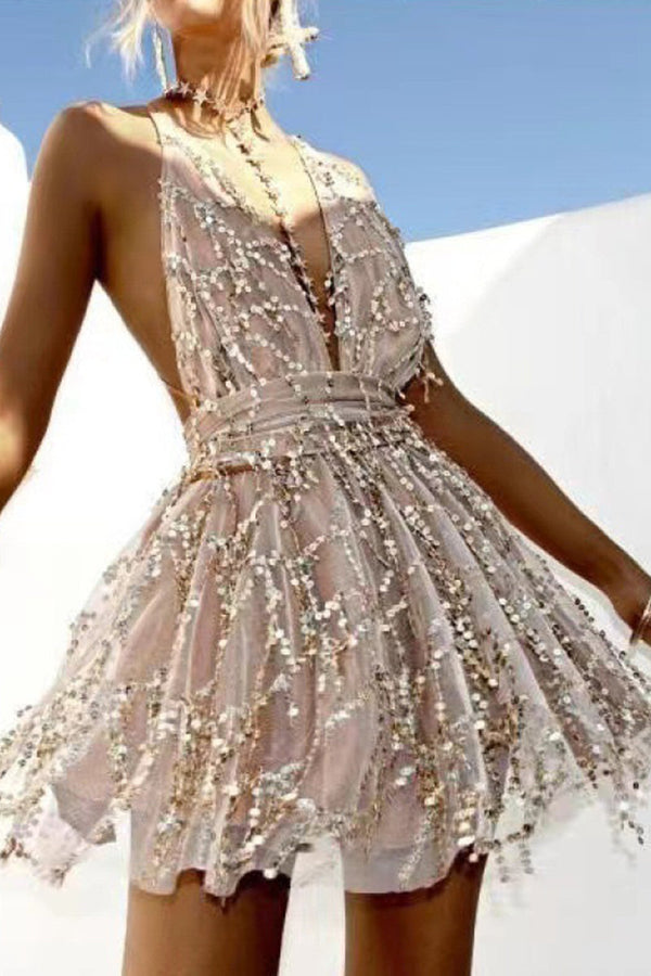 Sexy Solid Sequins Backless V Neck Sling Dresses