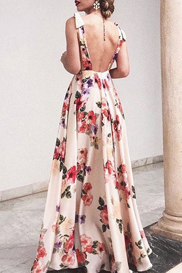 Elegant Floral Backless V Neck Printed Dresses