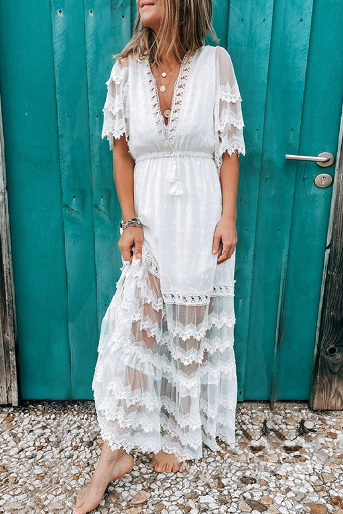 Sweet Elegant Solid Lace Tassel V Neck Short Sleeve Dresses