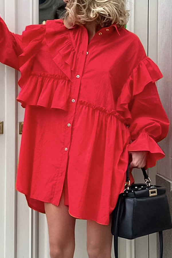 Elegant Solid Flounce Asymmetrical Turndown Collar Shirt Dresses