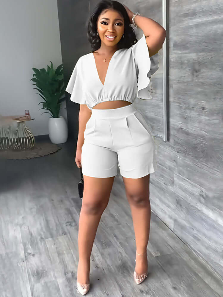 Two Piece Ruffle Crop Top & Shorts Sets