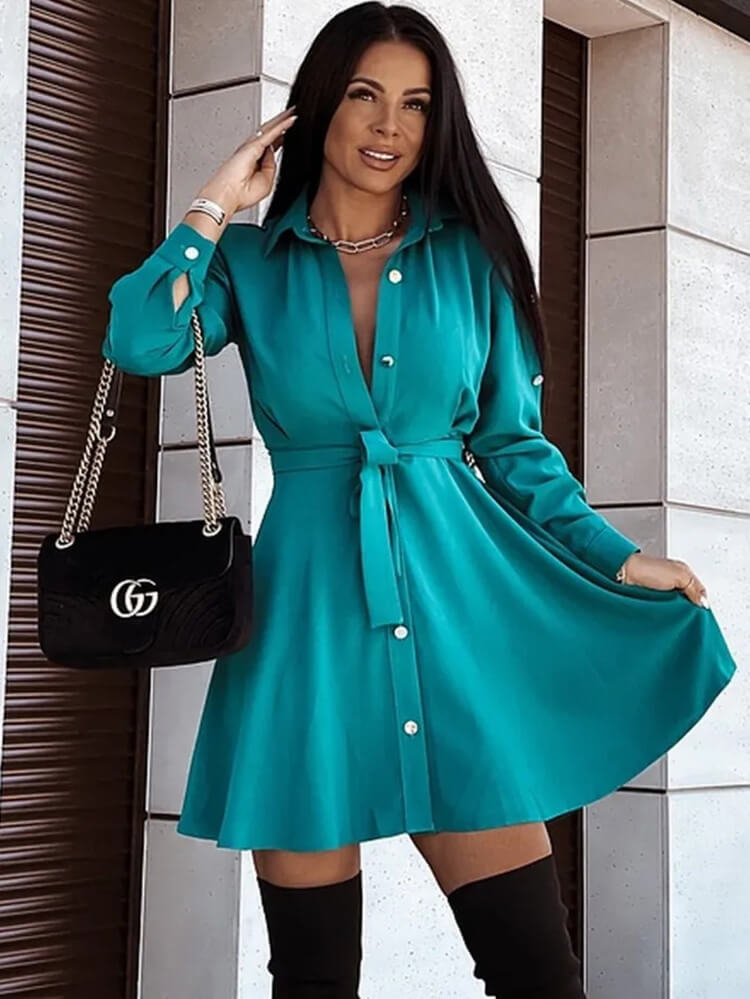 Long Sleeve Button Lace Up Shirt Dresses