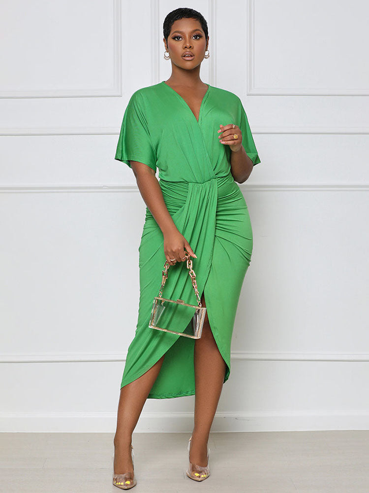 V Neck Ruched Split Midi Dresses