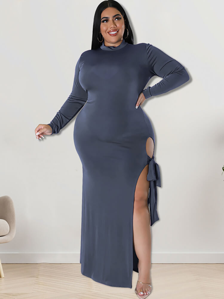 Plus Size Mock Neck Long Sleeve Strappy Slit Maxi Dresses