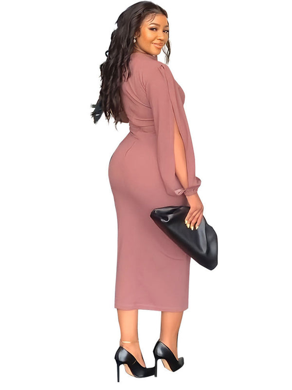 Split Long Sleeve Solid Bodycon Midi Dresses