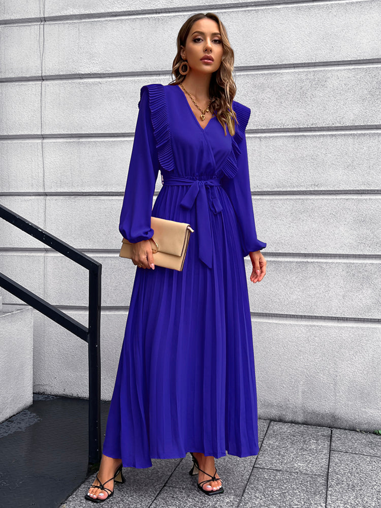 Long Sleeve Ruffle Pleated Maxi Dresses