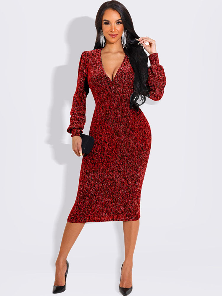 Lantern Sleeve V Neck Midi Dresses