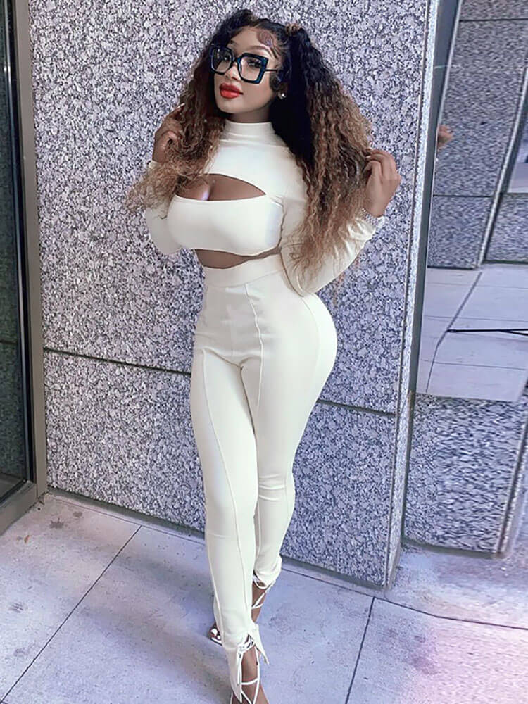 Long Sleeve Cutout Crop Top Bodycon Long Pants Set