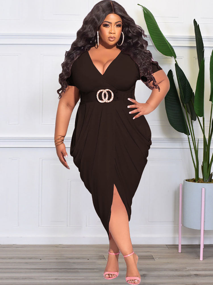 Plus Size Short Sleeve Ruched Bodycon Midi Dresses