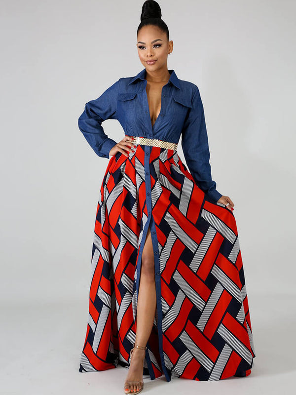 Denim Long Sleeve Plaid Patchwork Maxi Dresses