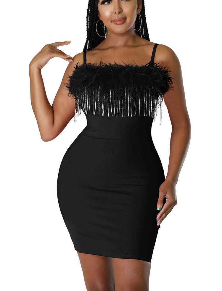 Spaghetti Strap Feather Bodycon Mini Dresses