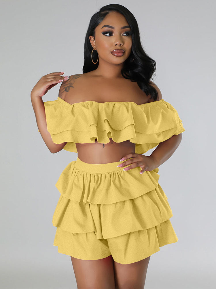 Ruffled Edge Bandeau Crop Top Shorts Set