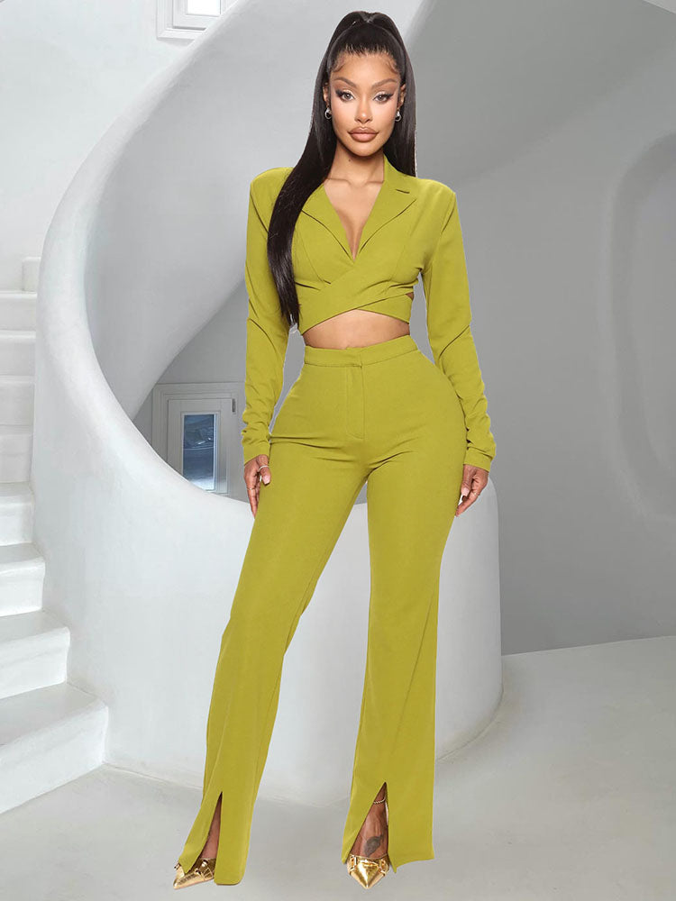 Two Piece Crop Top Cross Straps Split Hem Suits