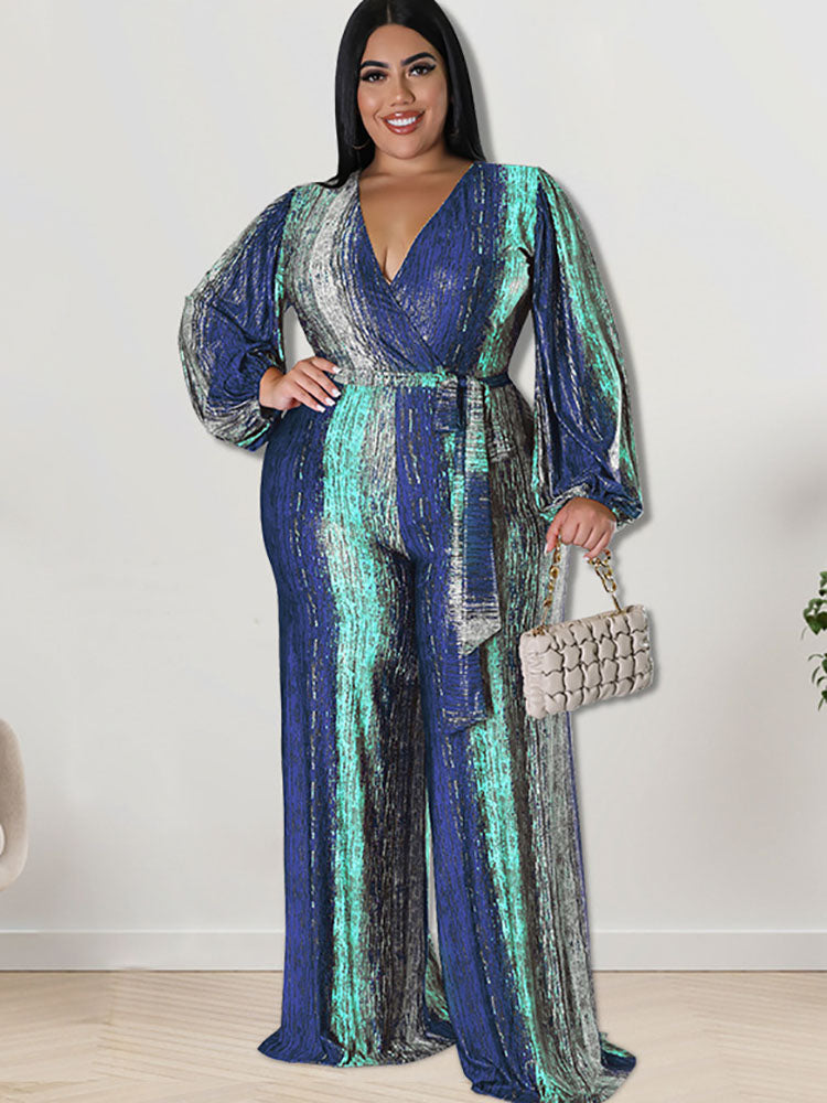 Plus Size Long Sleeves Tie Dyed Print Jumpsuits