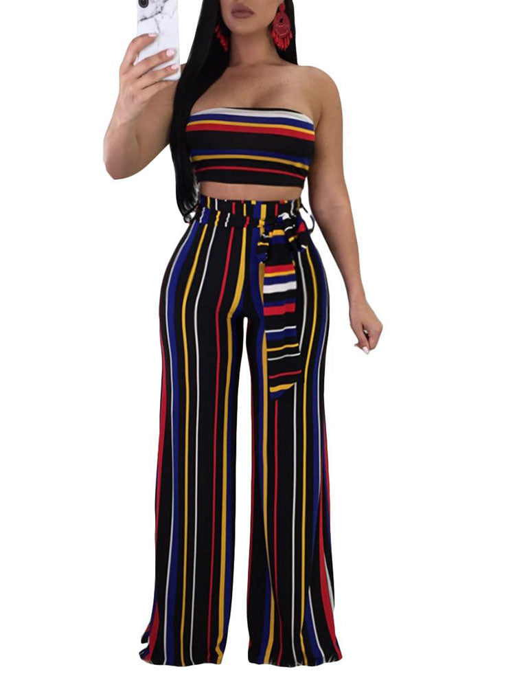 Two Piece Stripe Tube Top Wide Leg Pants