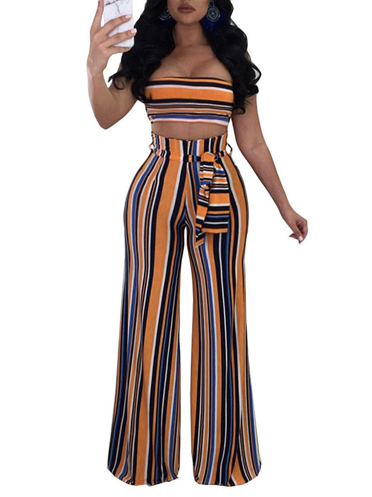 Two Piece Stripe Tube Top Wide Leg Pants