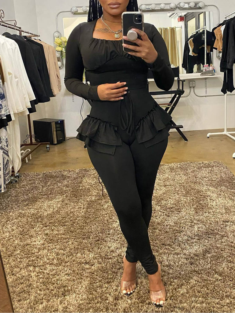 Two Piece Tracksuit Crop Top Ruffle Pant Sets