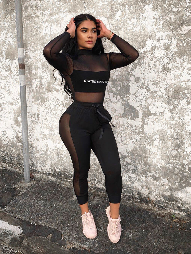 2 Piece Outfits Mesh Crop Top+Pants Suits