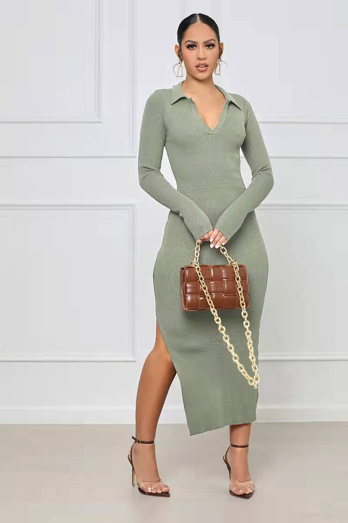 Short Sleeve Lapel Ribbed Slit Dresses