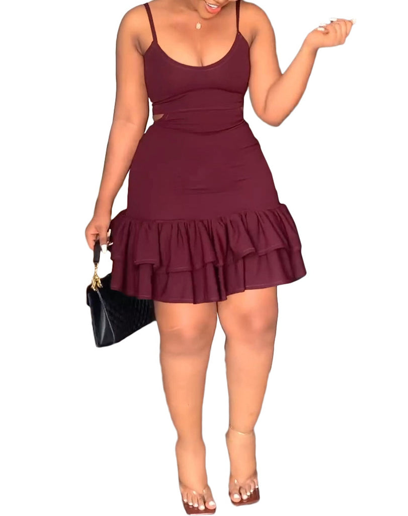 Spaghetti Strap Cut Out Ruffle Mini Dress