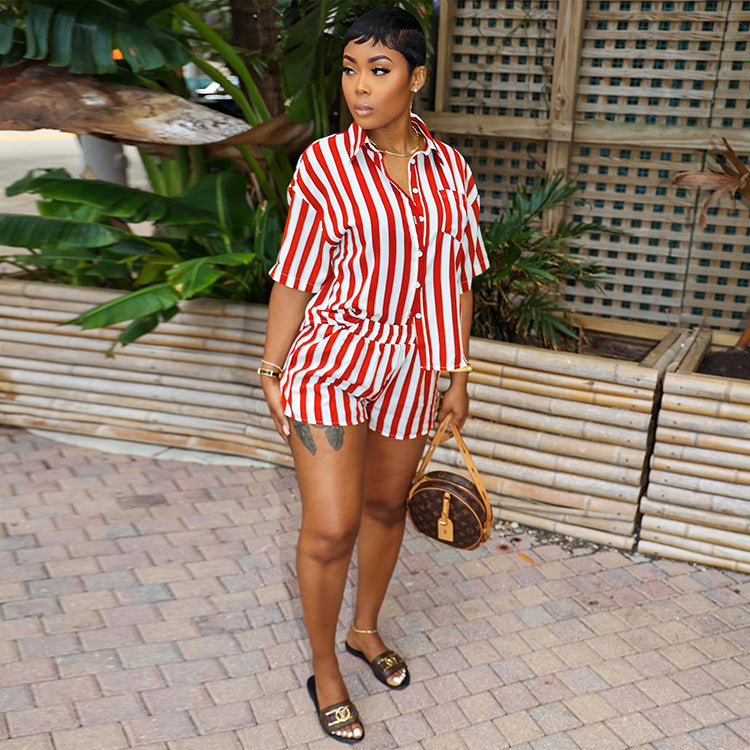 Two Piece Striped Shirt & Bodycon Shorts