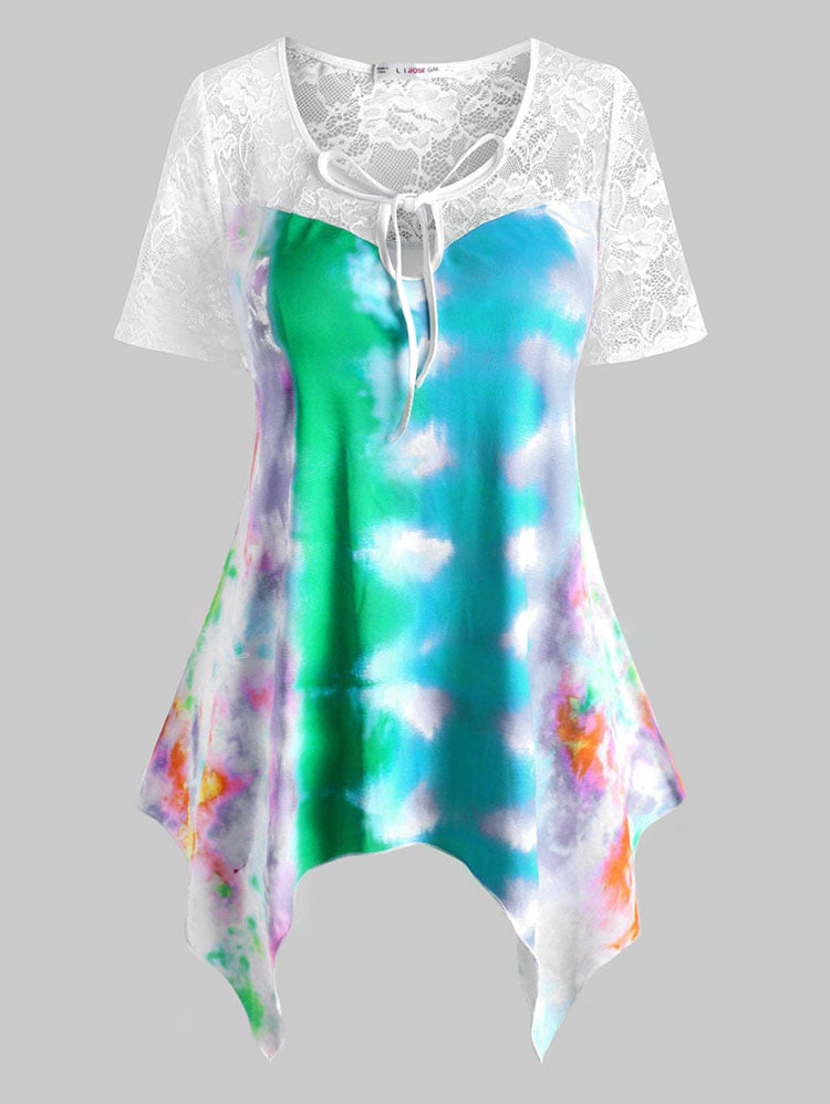 Plus Size Tie Dye Lace Insert Handkerchief T Shirt