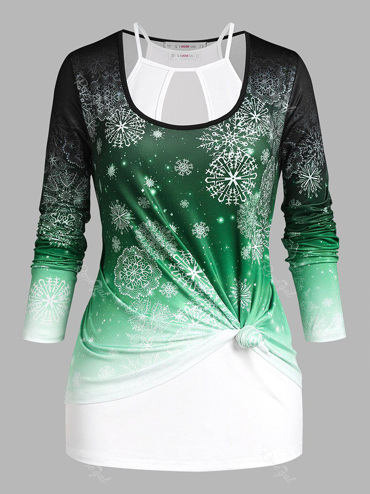 Plus Size Snowflake Print Christmas T-shirt and Tank Top Set